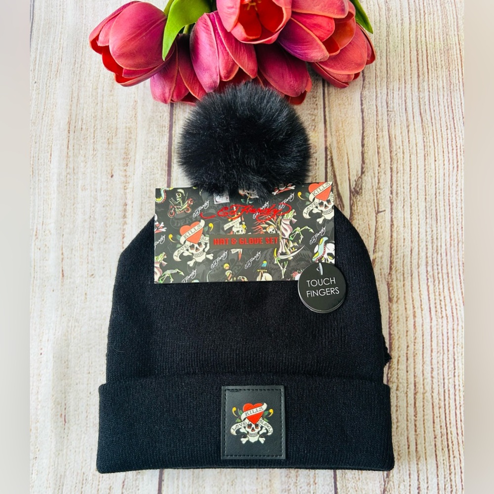 Ed Hardy Black Logo Love Kills Slowly Skull Heart Pom Pom Knit Hat & Gloves Set